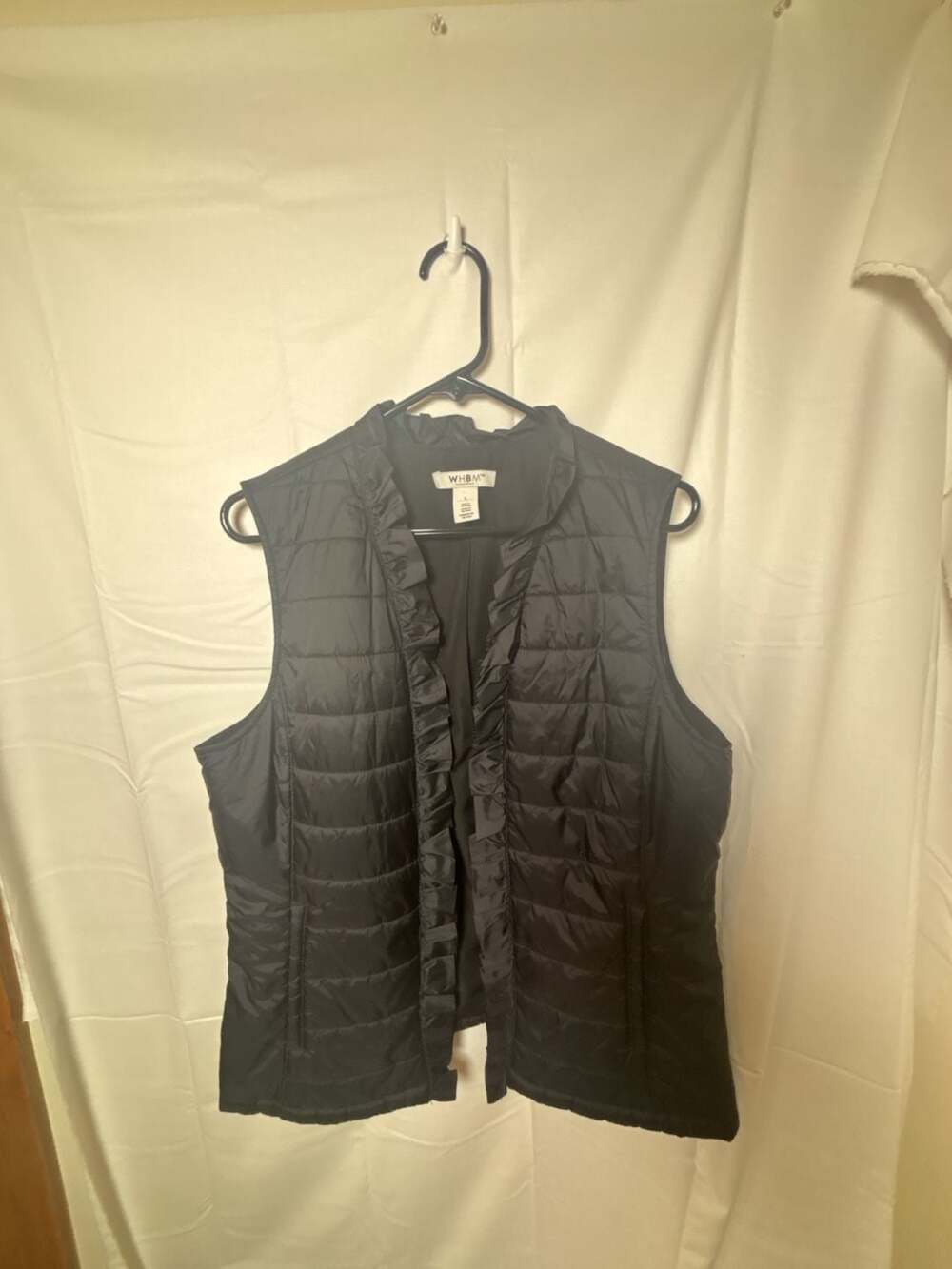 WHBM Quilted Puffer Vest Size L Black Ruffle Zip Up Sleeveless